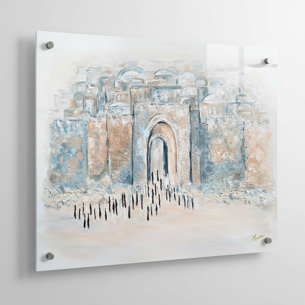 Abstract art painting on lucite of the outside of the jerusalem walls on a white background
